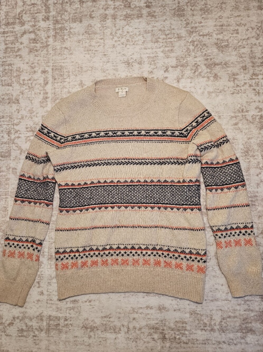 J. Crew Women's Cream Fair Isle Crewneck with Navy and Coral Accents